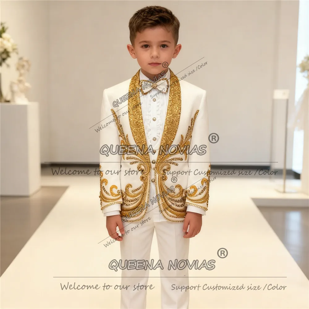 Traje de lujo con cuentas de cristales para niños, conjunto de 3 piezas, esmoquin de boda para niños, solapa de lentejuelas brillantes personalizada, trajes de baile para niños