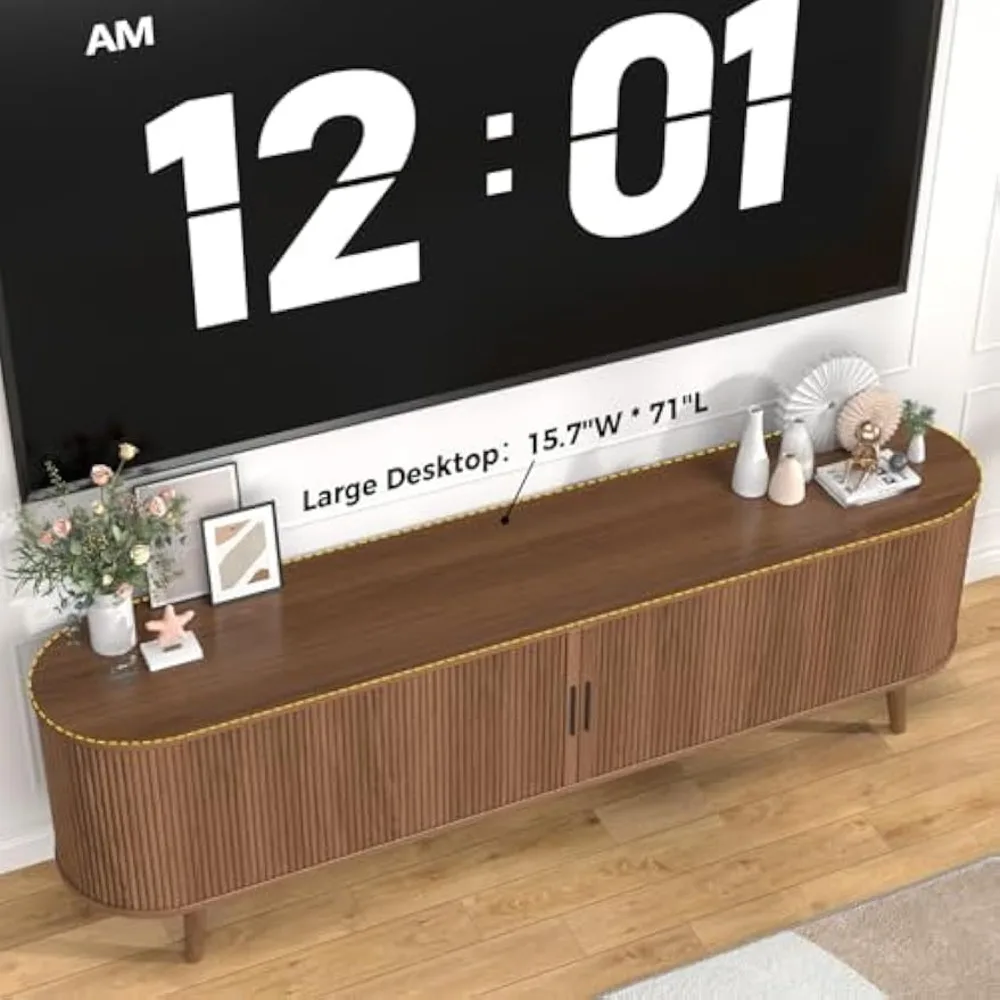 حامل تلفزيون لغرفة المعيشة، مركز ترفيه حديث لمنتصف القرن مقاس 71 بوصة مع حافة منحنية لتلفزيون 55/60/65 بوصة ووحدة تحكم الوسائط