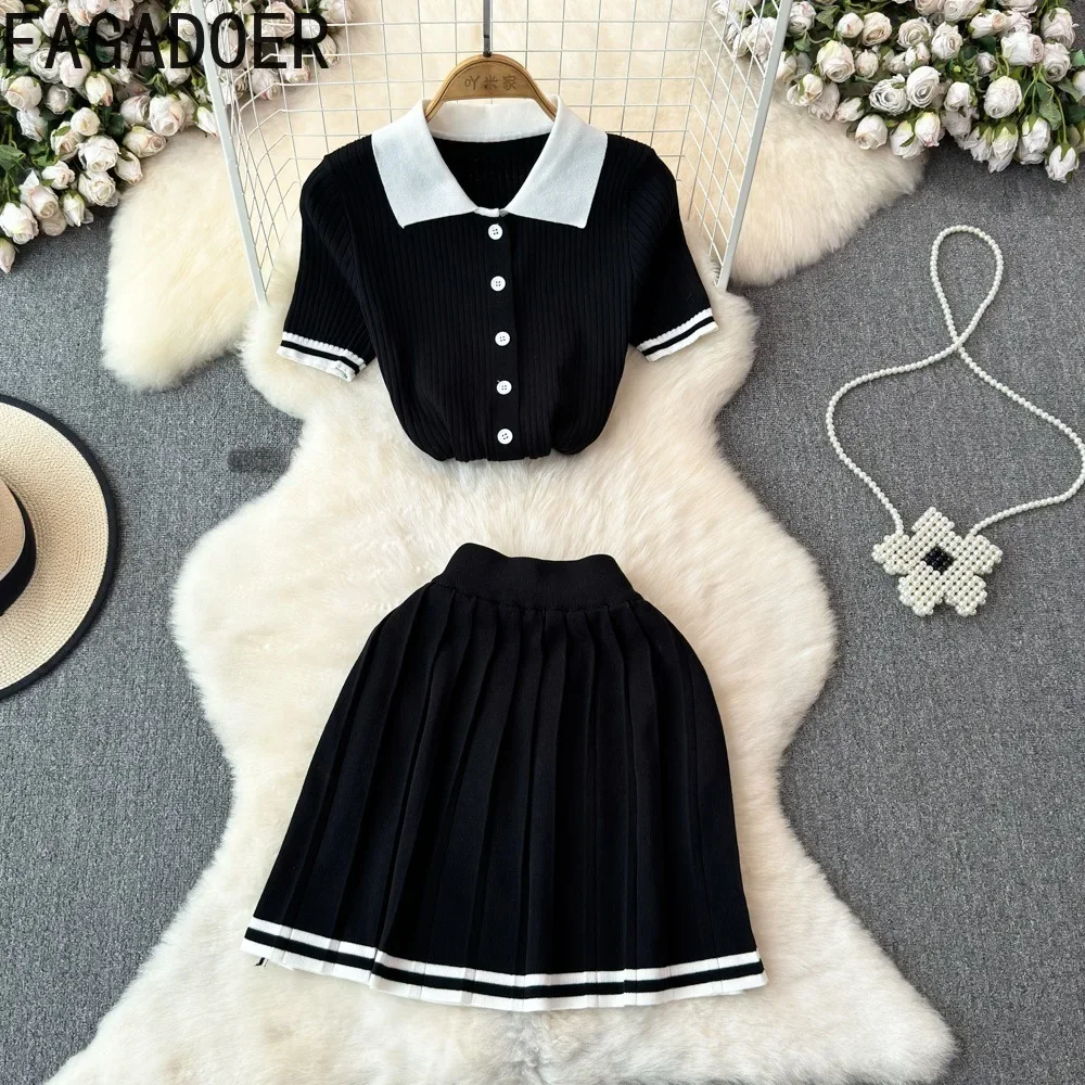 FAGADOER Elegant Knit 2 Piece Sets Women Outfit Stripe Patchwork Lapel Crop Top And Mini Pleated Skirt Suits Autumn New