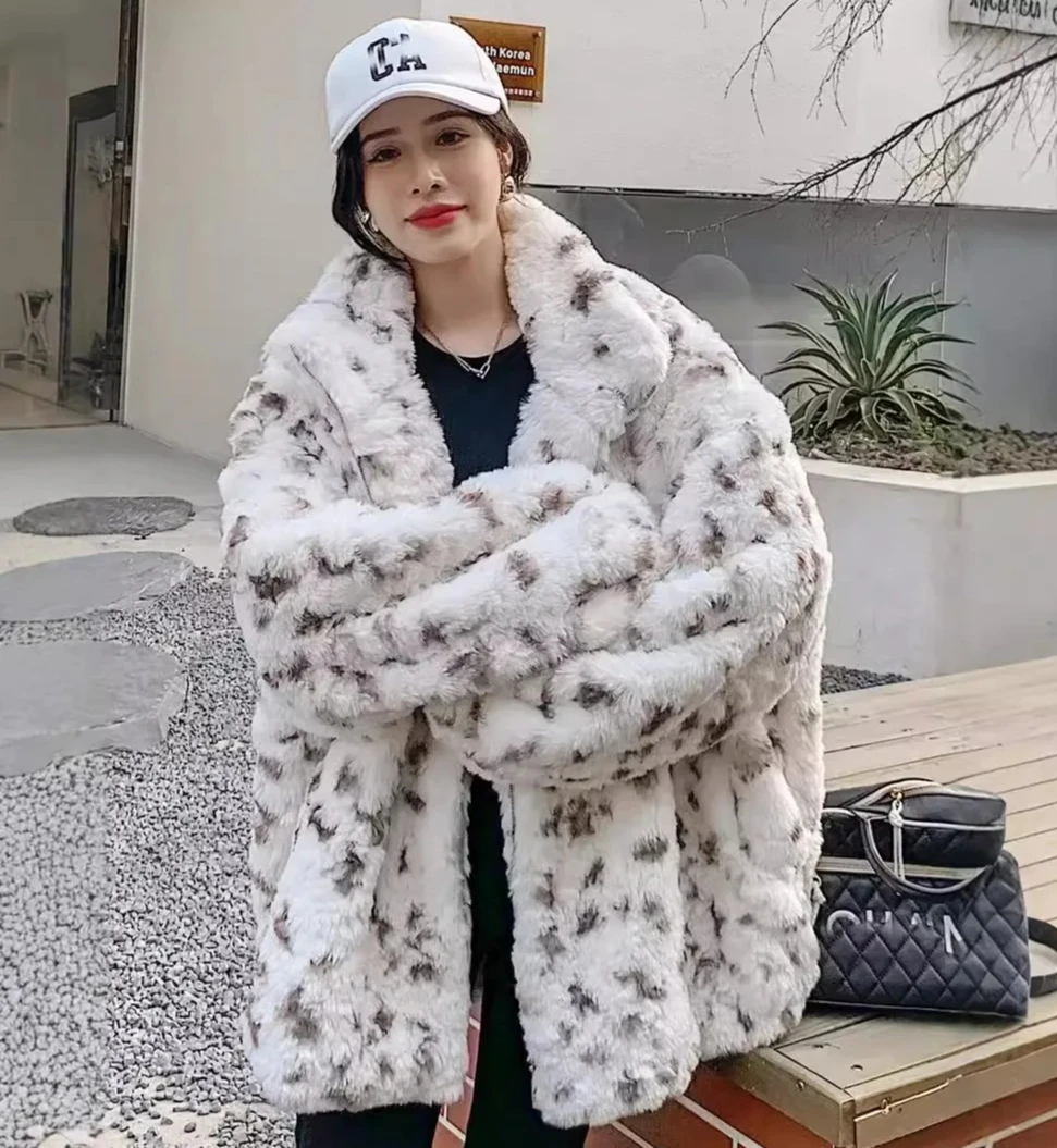Leopard Print Faux Fur Jacket for Women Thick Turn-Down Collar Coat Streetwear Zipper Outerwear Autumn Winter Warm