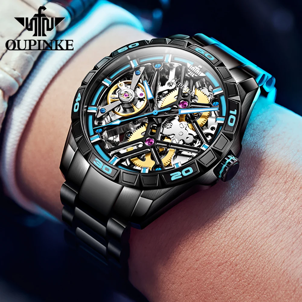 OUPINKE 3196 Fashion Hollow Mechanical Watch For Men 50MM Big Dial Sport Wristwatch Waterproof Luminous Man Automatic Watches