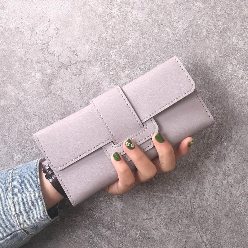 

Solid Color PU Leather Women Wallet Luxury Long Hasp Fold-over Pattern Coin Purses Female Thin Clutch Phone Storage Bag Handbag