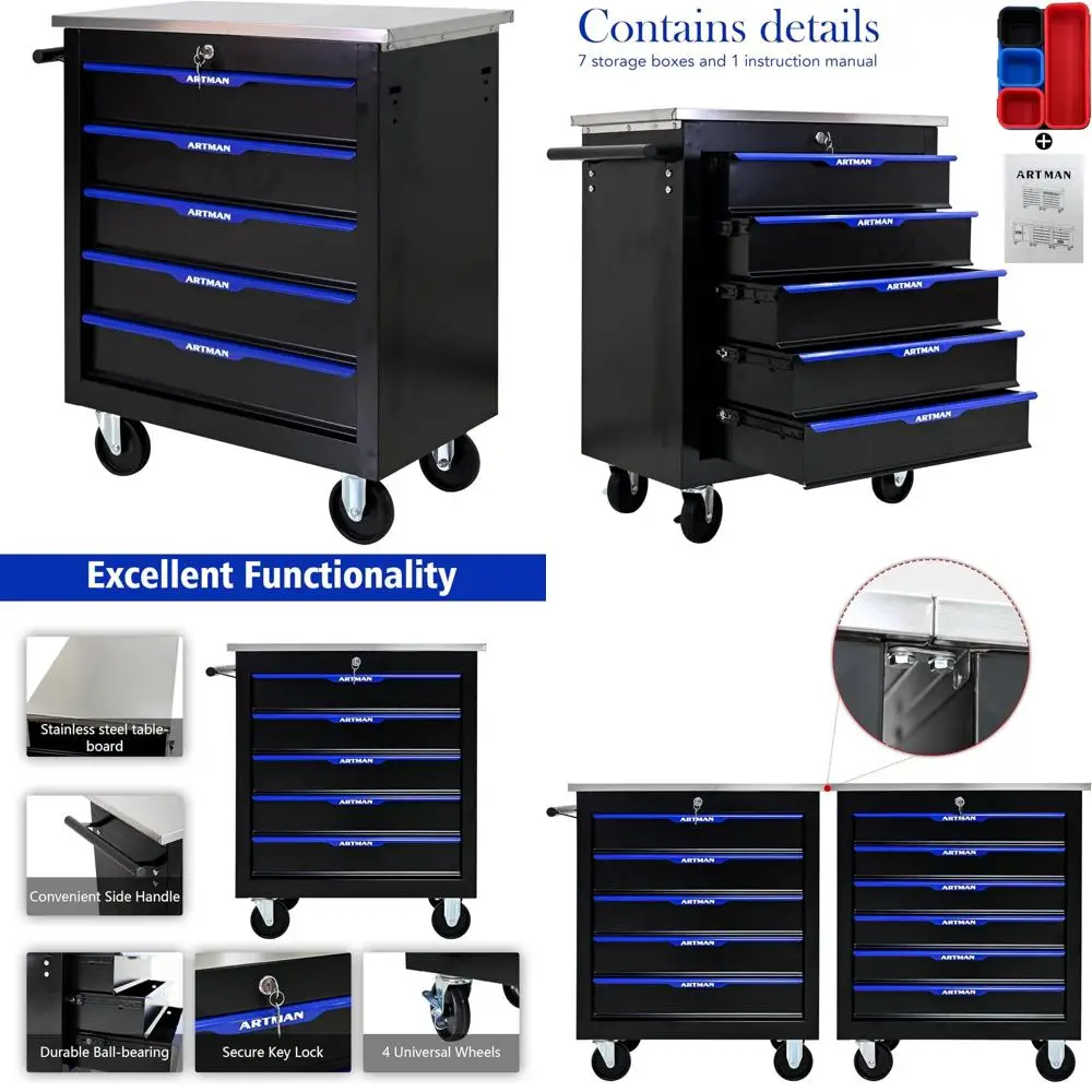 5段引き出し付きローリングツールカート、ガレージや倉庫の整理整頓用モバイル収納キャビネット