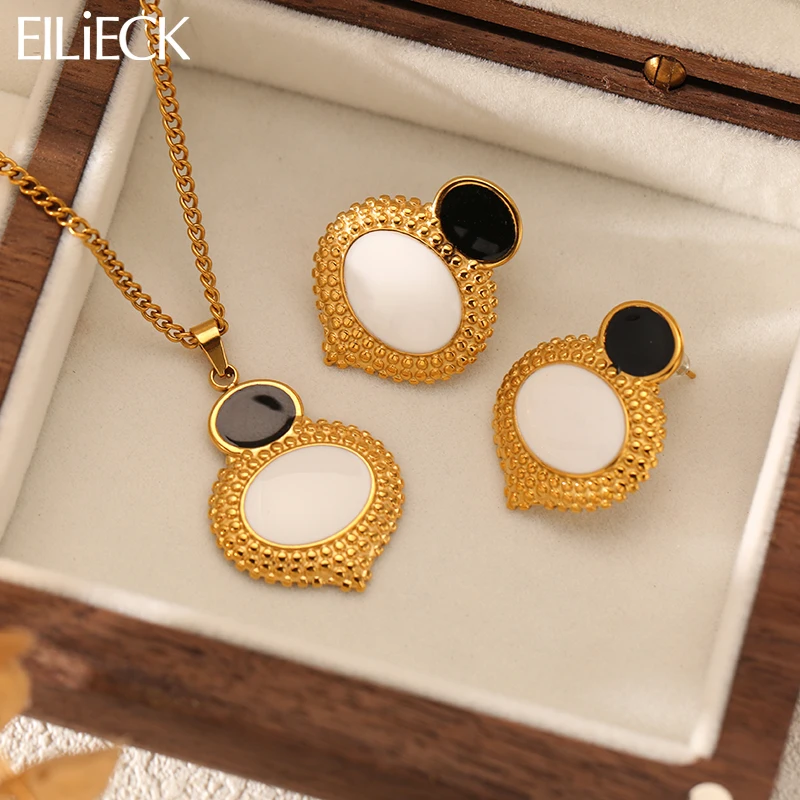 

EILIECK 316L Stainless Steel Vintage Black White Oval Pendant Necklace Earrings Set For Women Trendy Waterproof Jewelry Gift