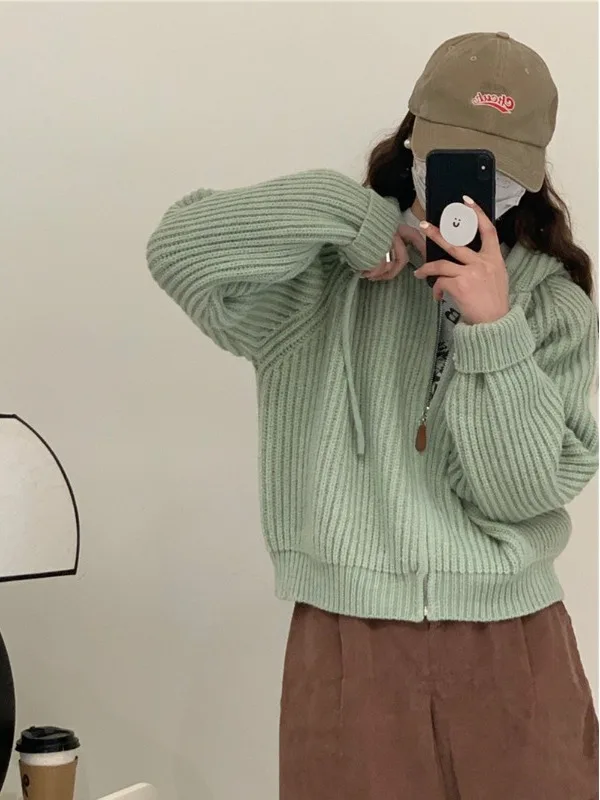 

Korean Laid-ba Sle Women's ort Pure Color Knitted Sweater Coat with Zipper And Hat Early Autumn Top Commute Straight Tube