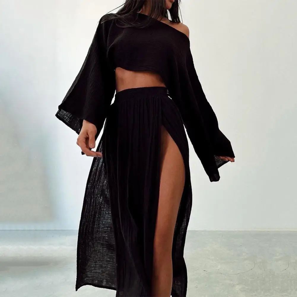 Women Crop Top Skirt Set Stylish Women's Crop Top Skirt Set with Long Sleeve Slant Neck Design High Waist Split Skirt for Club