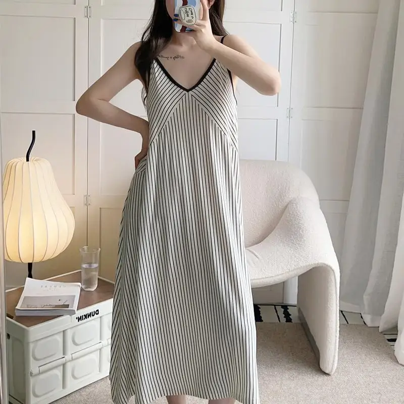 Women Plus Over Size 3XL Pajamas Dress Female Spaghetti Strap Deep V-neck Nightdress Striped Loose Homedress Can Be Wear Outside