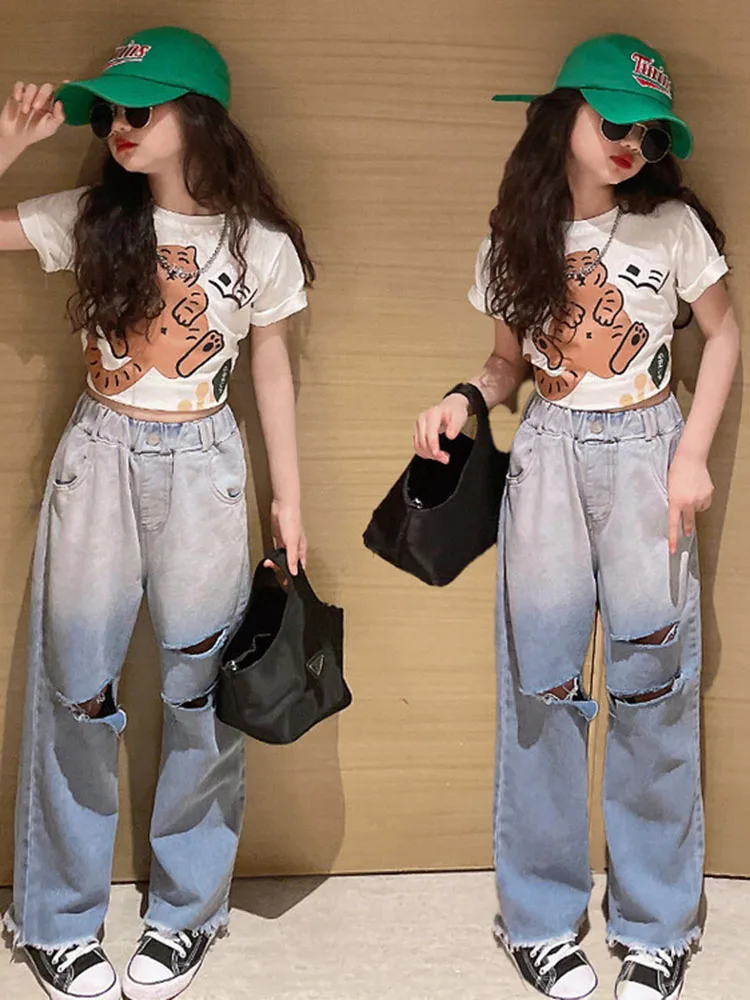 

Girls Summer Suit 2022 New Korean Version Children's Summer Thin Section Hole Denim Wide-leg Pants Two-piece Set clothes