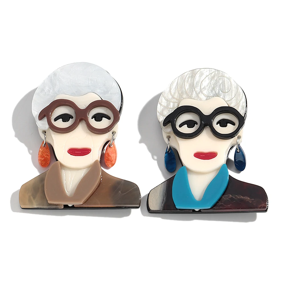 Fashion Acrylic Glasses Grandma Brooch Pins Lady Figure Cartoon Badge Brooches Clothing Jewelry Gifts
