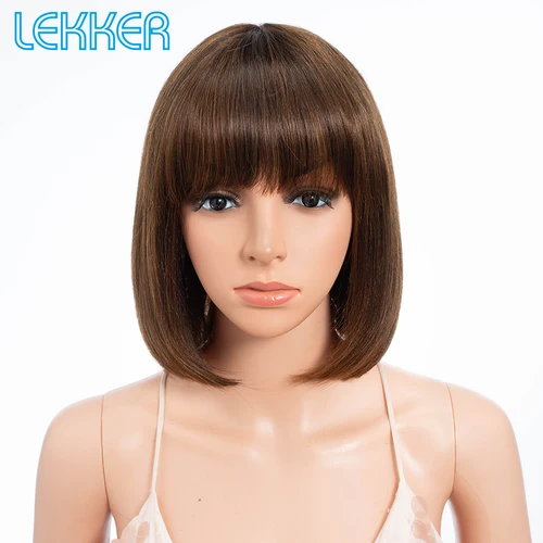 Imagen 2 del producto Lekker Ombre marrón corto recto Bob 100% peluca de cabello humano con flequillo para mujeres cabello Remy brasileño coloreado peluca completa hecha a máquina