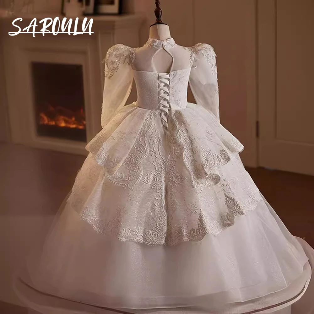 Robe de princesse de luxe pour filles, manches longues bouffantes, fermeture à lacets réglable, robes florales en dentelle perlée, robe de soirée