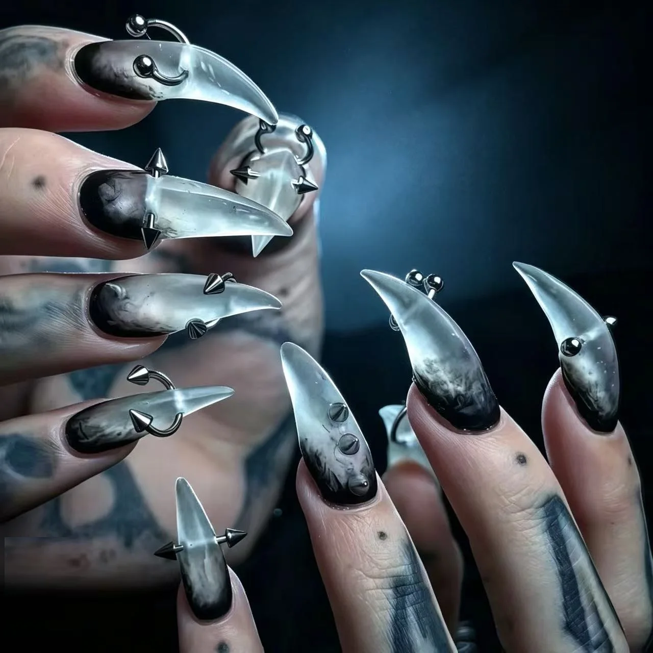 10PCS  Gothic style silver spiky perforated decorations Translucent black smoky gradient curved claw-shaped Fake Nail Art