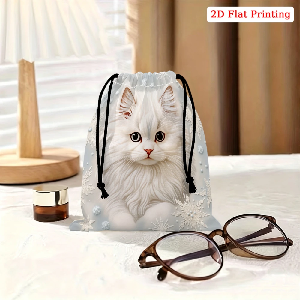 1pc Cute White Cat Drawstring Bag Blue Snowflake Print Storage Small Pouch for Glasses Cosmetics Jewelry Travel Organizer Bag