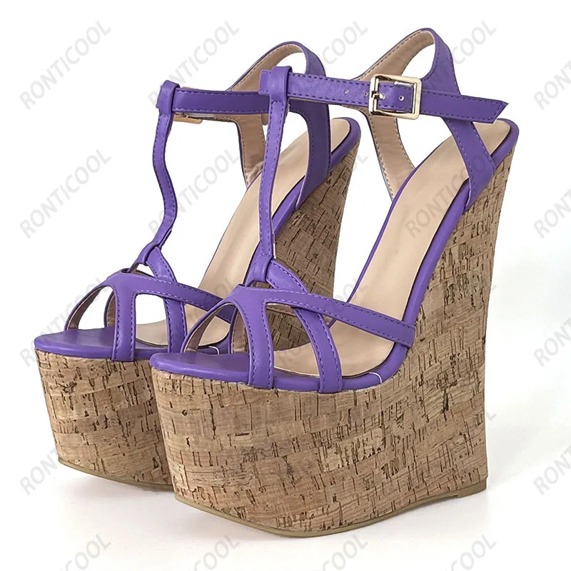 Ronticool Handmade Women T-strap Sandals Ultra High Wedges Heels Round Toe Classics Black Dress Shoes Ladies US Plus Size 5-15