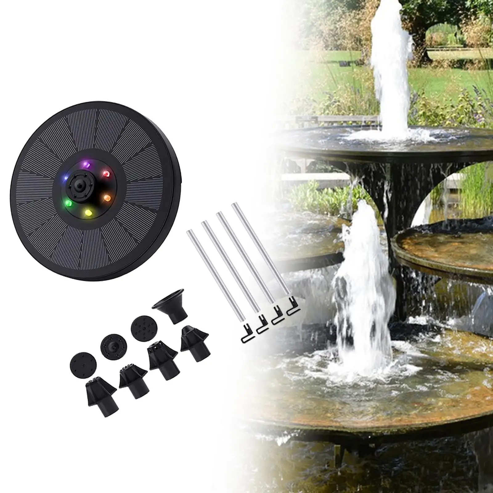 Bird Bath Fountains Water Feature with 900 mAh Battery 7 Colors LED Light for Small Pond Garden Swimming Pool Aquarium Pool