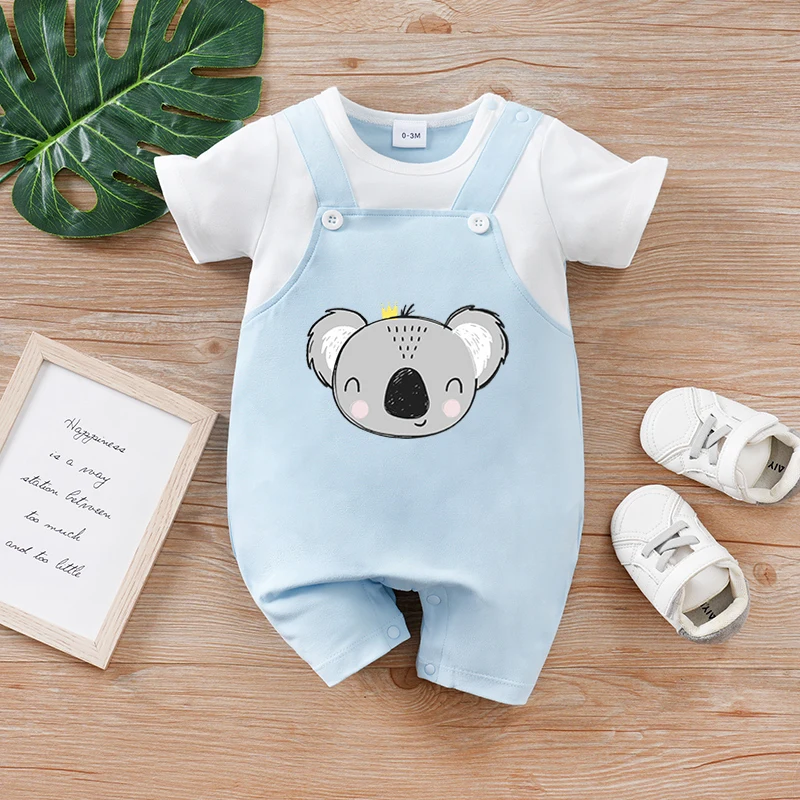 Newborn Baby Clothes Blue koala head print Infant Jumpsuit Toddler Short Sleeve One-piece Pajamas Bodysuit Summer Romper