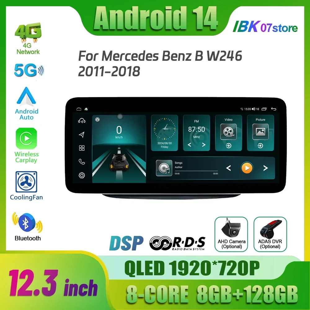 

12,3 "Android 14 для Mercedes Benz B W246 2011-2018 беспроводной Bluetooth Carplay 4G GPS мультимедийный автомобильный радиоприемник с сенсорным экраном стерео