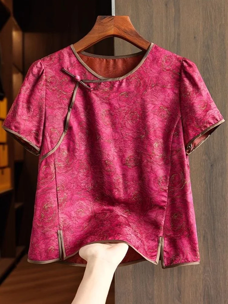 

Ele Chinese Sle Cloud Silk irt Женский повседневный топ Faion ort Sve round Ne с вышивкой на пуговицах