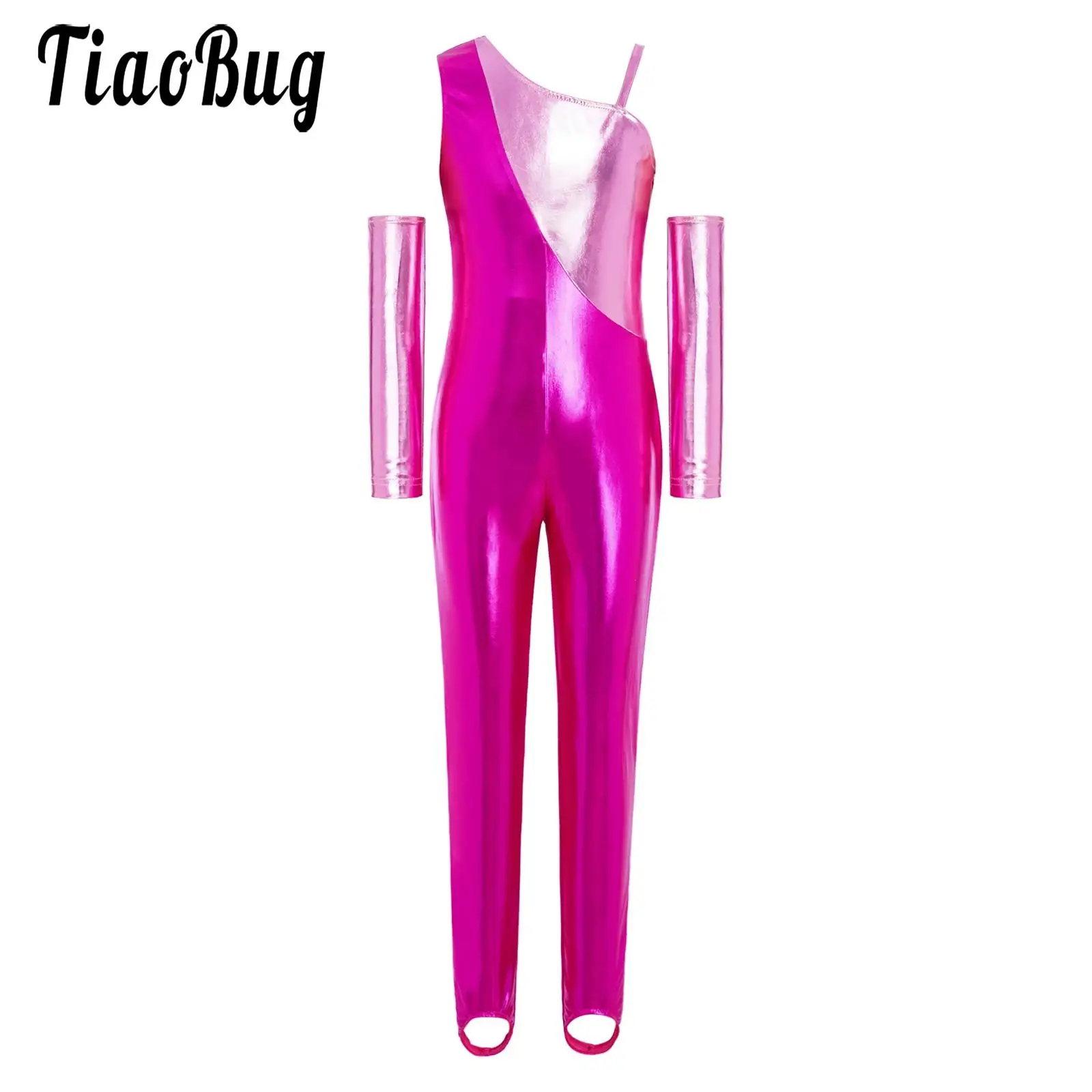 

Kids Girls Rhythmic Gymnastics Figure Skating Outfit Figure Skating Dance Costume Metallic Zip Stirrups Jumpsuit and Gloves Sets