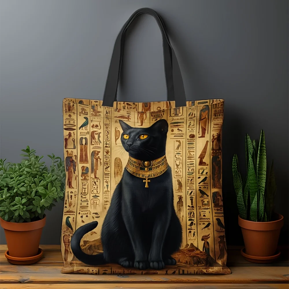 1pc Women S Black Cat Tote Bag Cute Cat Face And Tabby Design Everyday Shopping Bag Practical Women S Shopping Bag
