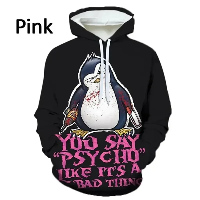 Unisex Cool Crazy‑Style Penguin Art Graphic Drawstring Hoodie, 3D‑Print Long‑Sleeve Casual Street‑Wear Pullover Sweatshirt Tops