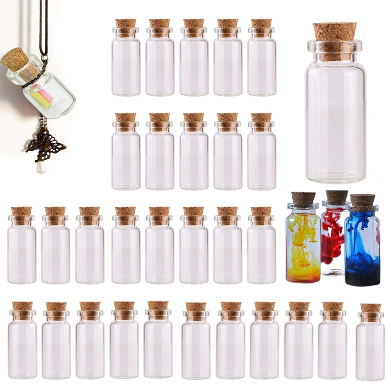 30Pcs 5/8/10/12/15/20ml Mini Cork Stoppers Glass Bottles DIY Decoration Vials Art Crafts for Wedding Party Holiday Decorations
