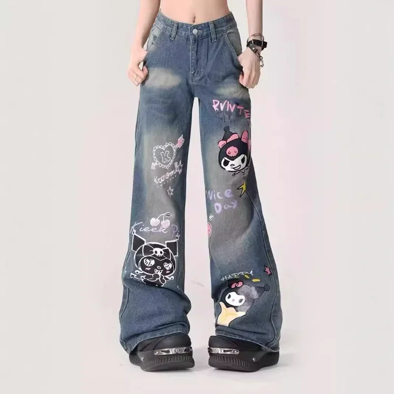 Sanrio Kuromi Printed Micro Flared Jeans Korean Streetwear Loose Straight Trousers Y2k Female Fashion High Waist Wide Leg Pants