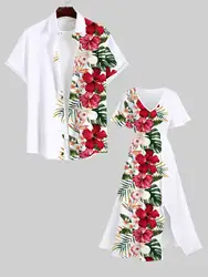 White Outfits Custom, Matchable Couple Hawaiian Tropical Leaf Hibiscus Flower Print Shirt or Plus Size Midi Split A Line Dress