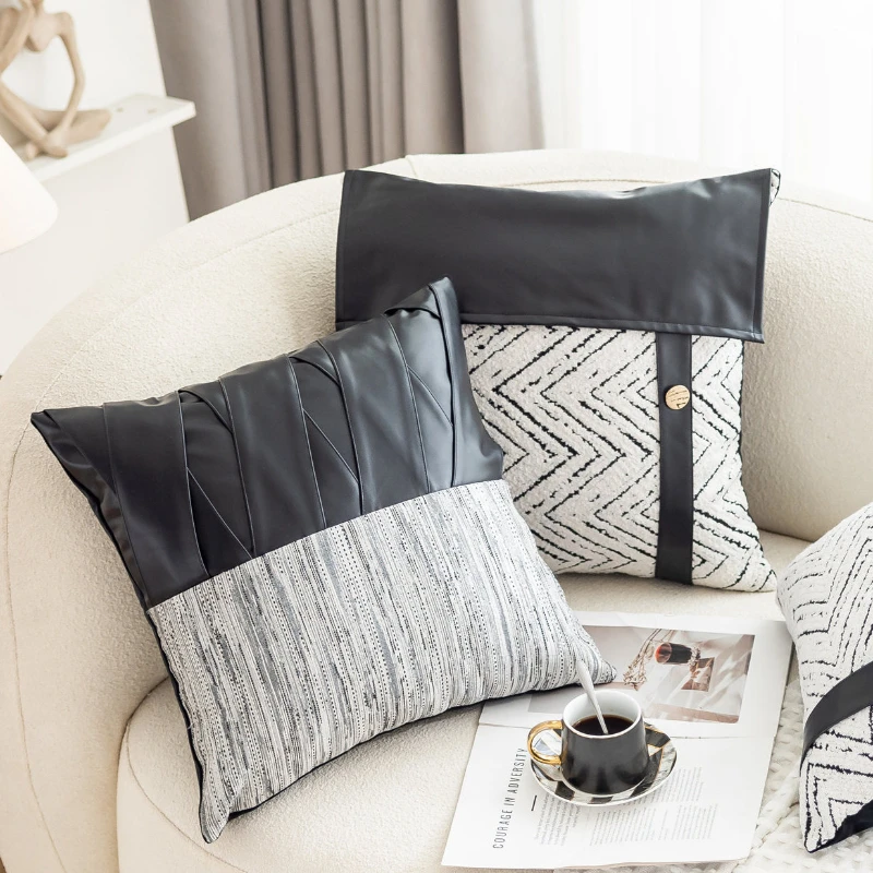 45X45CM Black Leather Throw Pillow Cover Light Luxury Plaid Stamping Waist Cushion Cover Decor Home Decorative Pillowcase