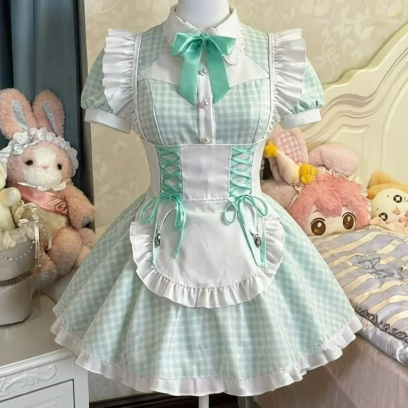 Japanese Harajuku Y2k Lolita Dress Women Sweet  Biw Lace Ruffles Plaid Short Sleeves Princess Dresses with Apron Party Dresses