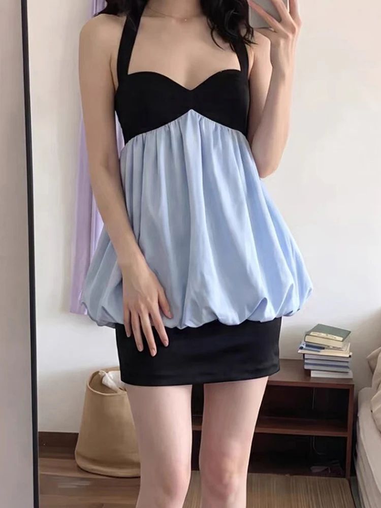 Kliou Color-Blocking Tank Tops Woman Summer Trend Low-Neck Backless Purry Hem Sweet Girls Street Y2K Elegant Style Classic Vests