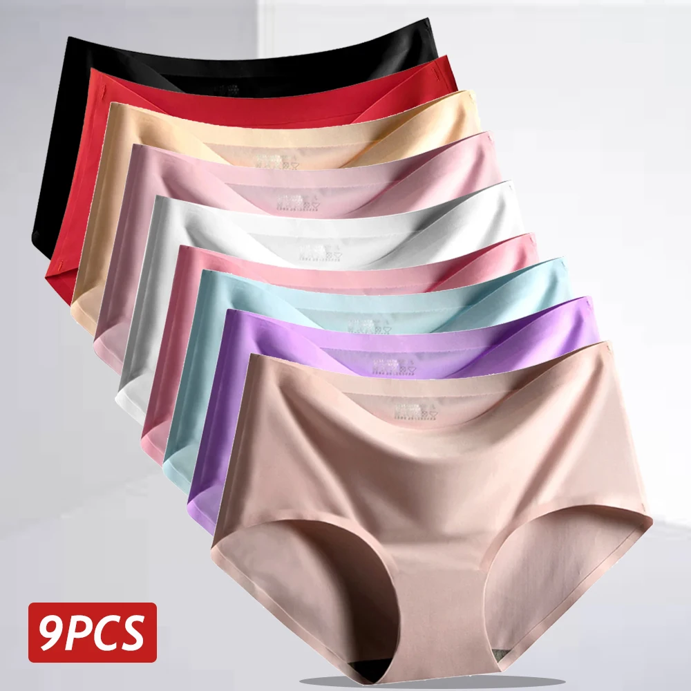 9PCS Ice Silk Seamless Panties For Women Sexy Mid Rise Underwear Female Intimate Briefs Breathable Comfort Large Size Lingerie