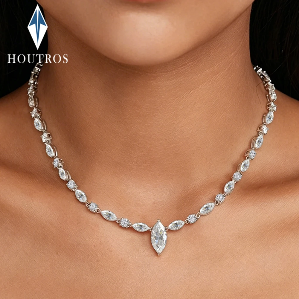 

4 Carat Marquise Cut Moissanite Tennis Necklace for Women Marquise Round Cut Diamond Neckchain 925 Sterling Silver Wedding Party