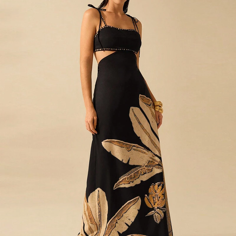 시크 리프 프린트 홀터 보헤미안 드레스 섹시 슬리브리스 슬림 연회 롱 드레스 여성 2025 여름 백리스 타이업 휴가 드레스