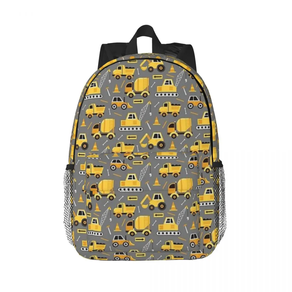 

Construction Trucks On Gray New Fashionable Pattern School Bag Print Lightweight Backpack 15inch