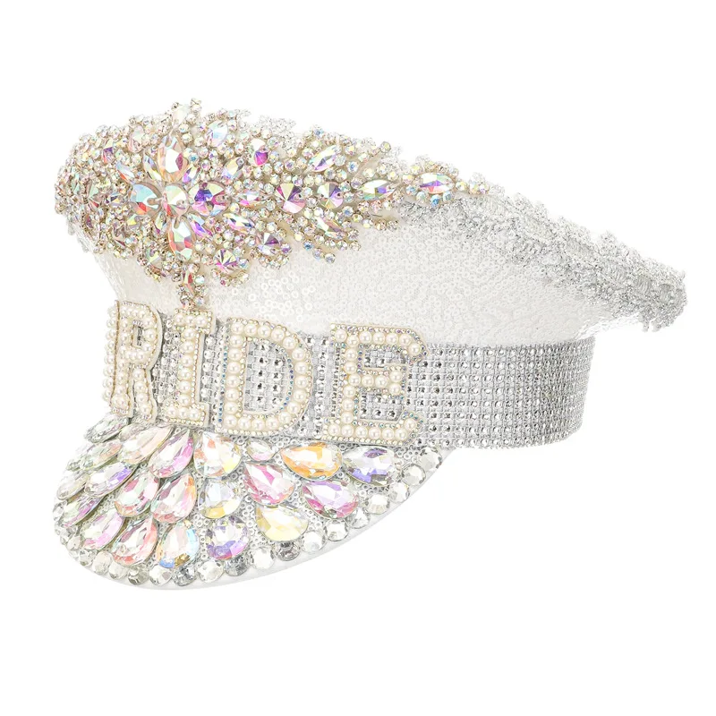 new-women-rhinestone-pink-white-bride-military-hat-luxury-handmade-captain-sergeant-hat-rave-wedding-queen-hat