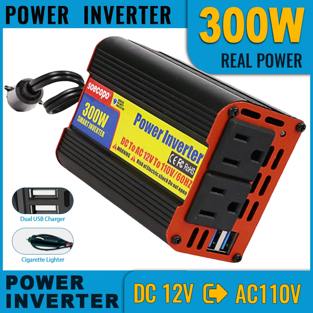 300W Car Power Inverter 12V to 110V Dual USB Ports Cigarette Lighter Plug DC to AC Converter Smart Protection for Outdoor Travel