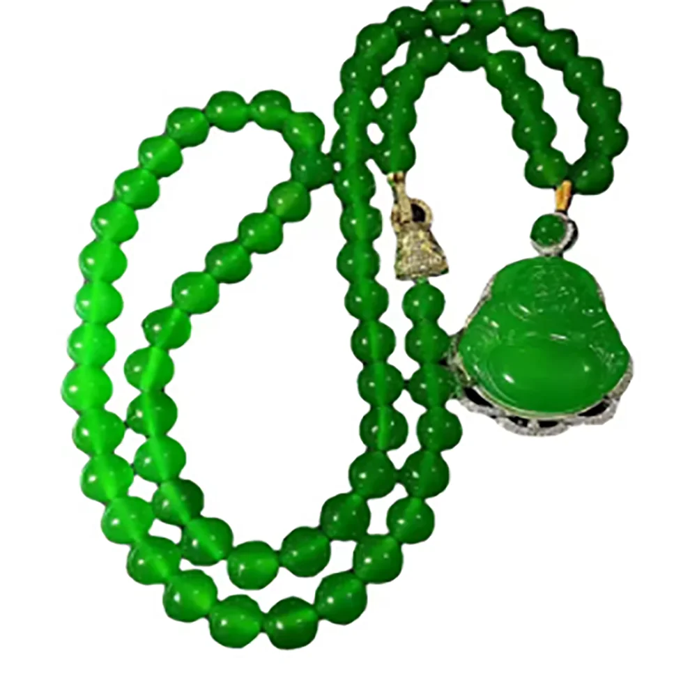 

Wholesale Ice-like Emperor Green Inlaid Buddha Sweater Chain Pendant Agate 10mm Bead Necklace