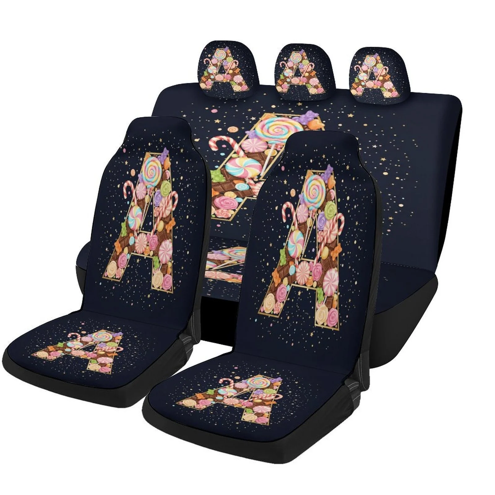 Candy Letter A Themed Car Seat Cover Set - Trendy High-Quality Polyester Full Set For 2 Front & Rear Seats, Fashionable Design W