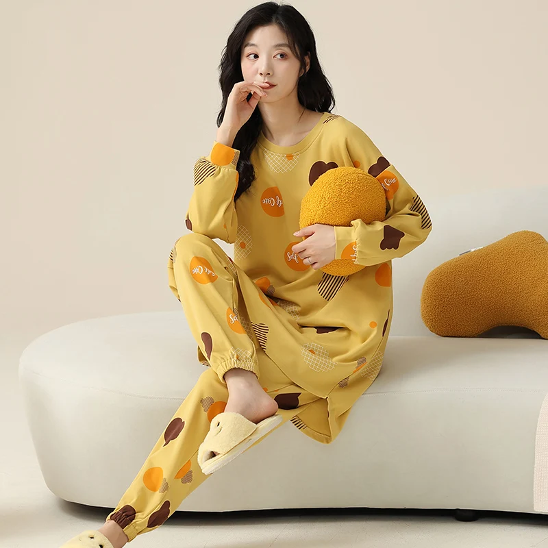 Long Tops + Pants 2 Pieces Set Autumn Women Pyjama Suit Striped Print Home Service Ladies Casual Pajamas Cotton Female Sleepwear