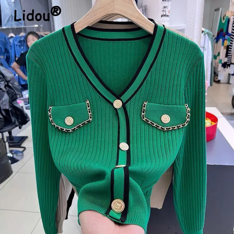 

Spring Autumn Elegant Fashion Chic Sweet Contrast Color Knitwear Women Casual V Neck Slim Pullovers Knitted Sweater Tops Jumpers