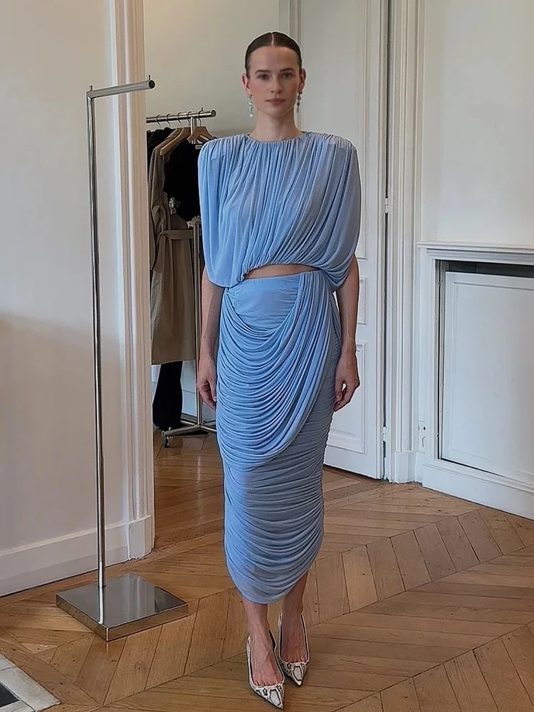 

Women Classic Elegant 2-Piece Set Loose Pleated High Waist Slim Fit Evening Gowns O-Neck Crop Tops+Elastic Waist Long Dress Suit