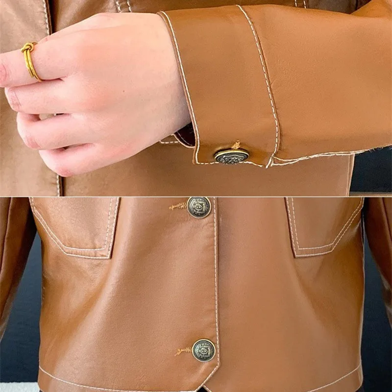 캐주얼 봄 가을 가죽 자켓 싱글 브레스트 PU 짧은 오토바이 자켓 여성 레트로 패션 다목적 코트 겉옷