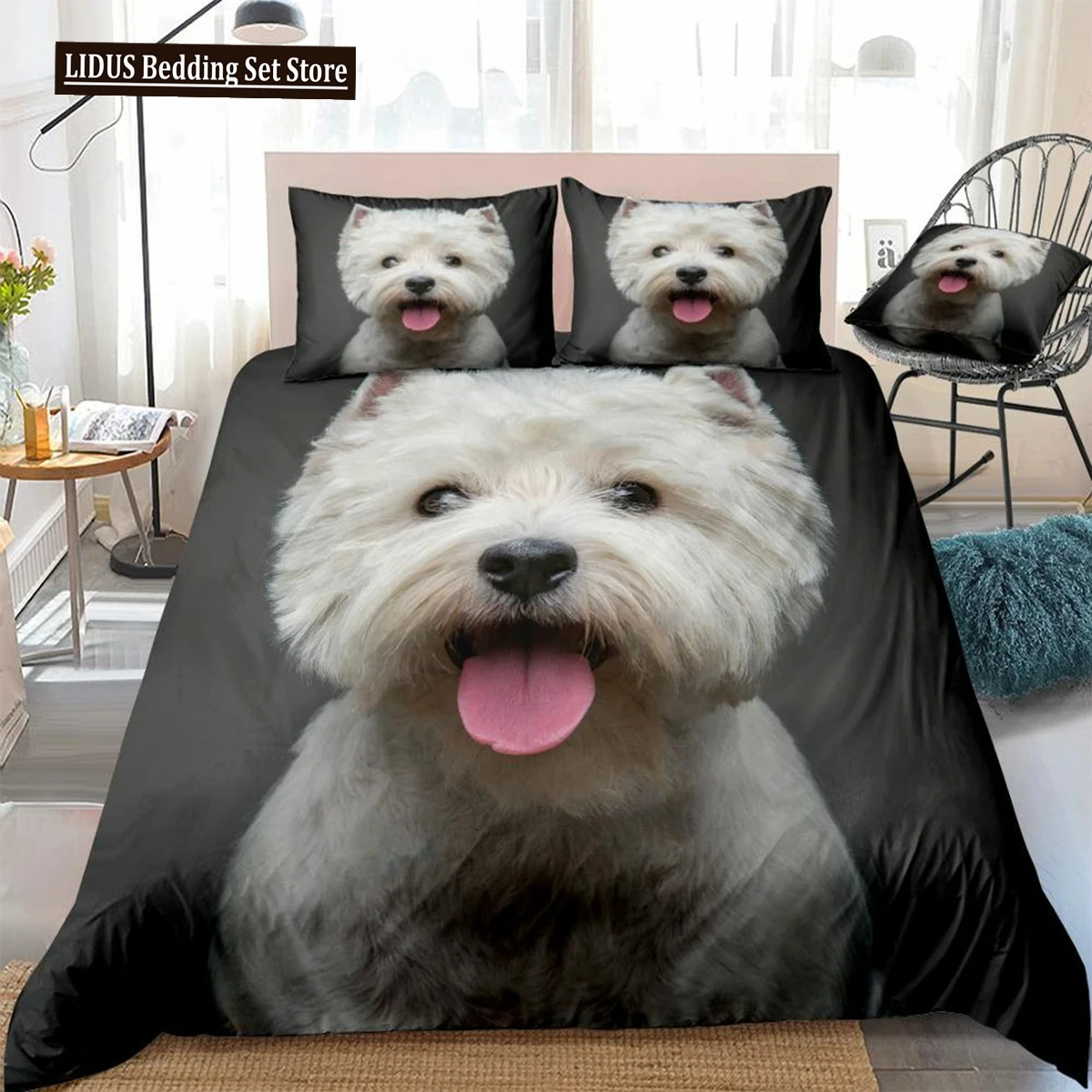 3D Dog Duvet Cover Set West Highland White Terrier Bed Set White Bedding Boys Girls Cute Pet Quilt Cover 3pcs Dropship