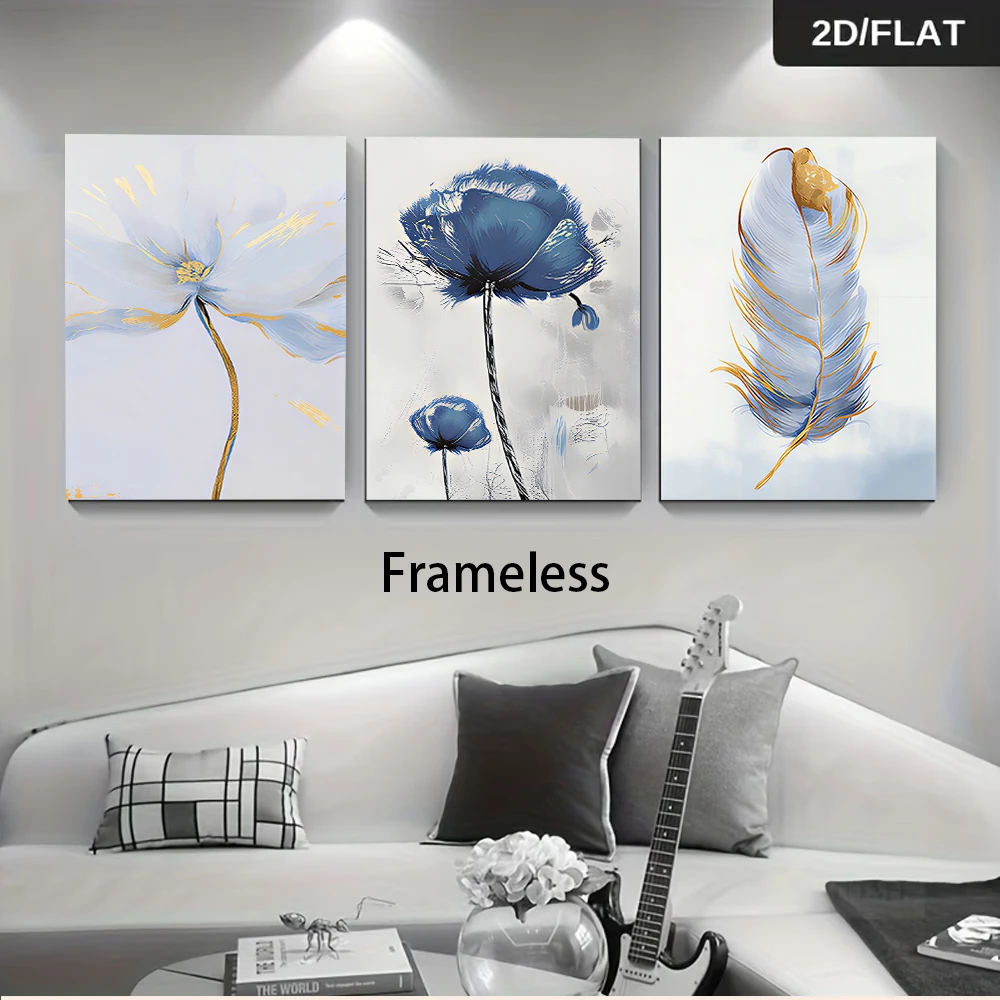3PCS Large-sized frameless canvas paintings,1 set of modern minimalist blue floral and feather triptych frameless paintings, liv