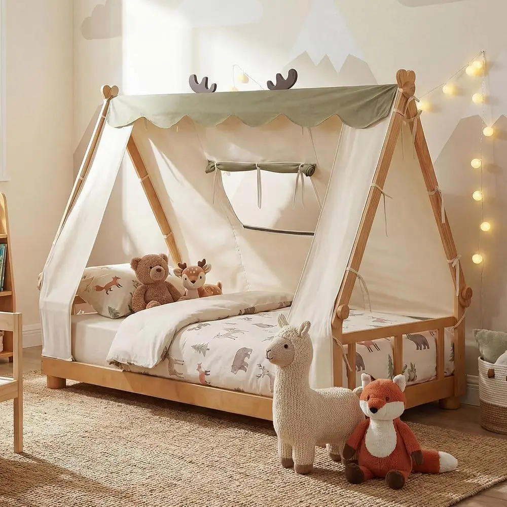 Twin loor Bed or Kids, House Wood Bed e with Tent, Window, ence Guard Rails, & Wooden Slat Support, No Box Spring Needed, Montor