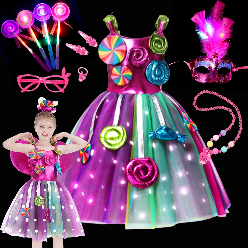 Purim festival lolipop vestido meninas carnaval luz led doce doce cana roupas cosplay criança cor princesa sorvete vestido