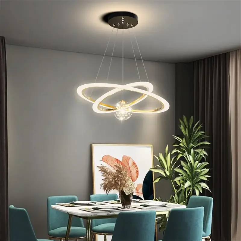 Candelabro de anillos LED moderno, lámpara colgante nórdica regulable para mesa de comedor, cocina, sala de estar, tienda, brillo creativo, luz colgante