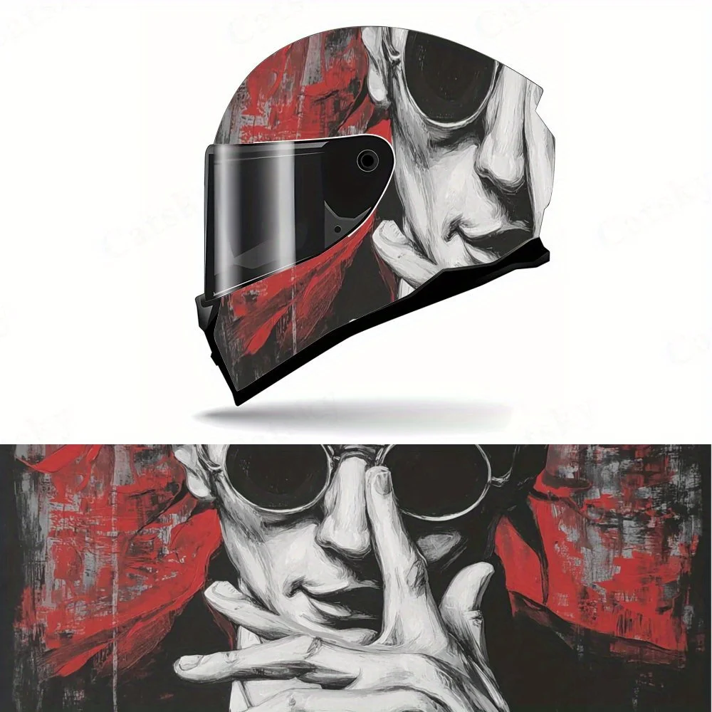 

Dark and Cool: Mysterious Character with Red Hat and Sunglasses-Durable Waterproof PVC, Self-Adhesive Motorcycle Racing Helmet D