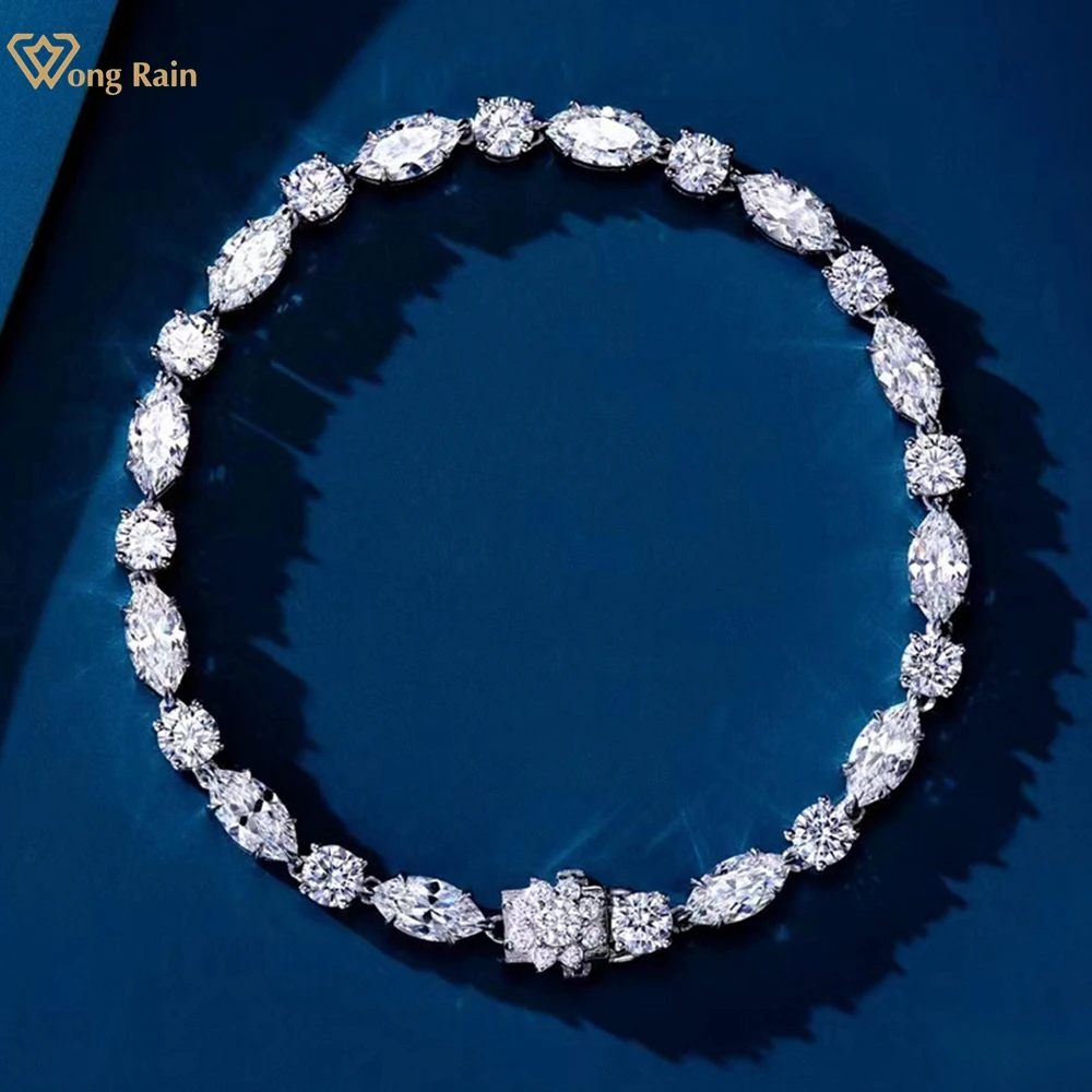 Wong Rain 100% 925 Sterling Silver Round Marquise Cut Simulated Moissanite Gemstone Luxury Bracelets Fine Jewelry Christmas Gift